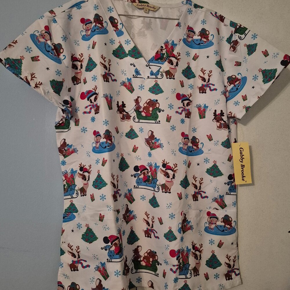Gabby Brooke Scrub Top Christmas Holiday Cuties Women's Size M Polyester NWT